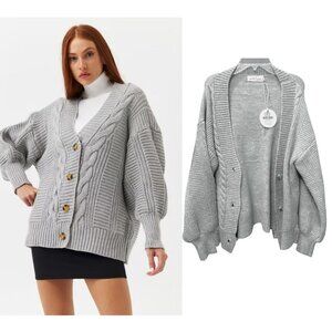 Petal & Pup Gray Chunky Knit Button Front Oversized Cardigan Sweater S/M